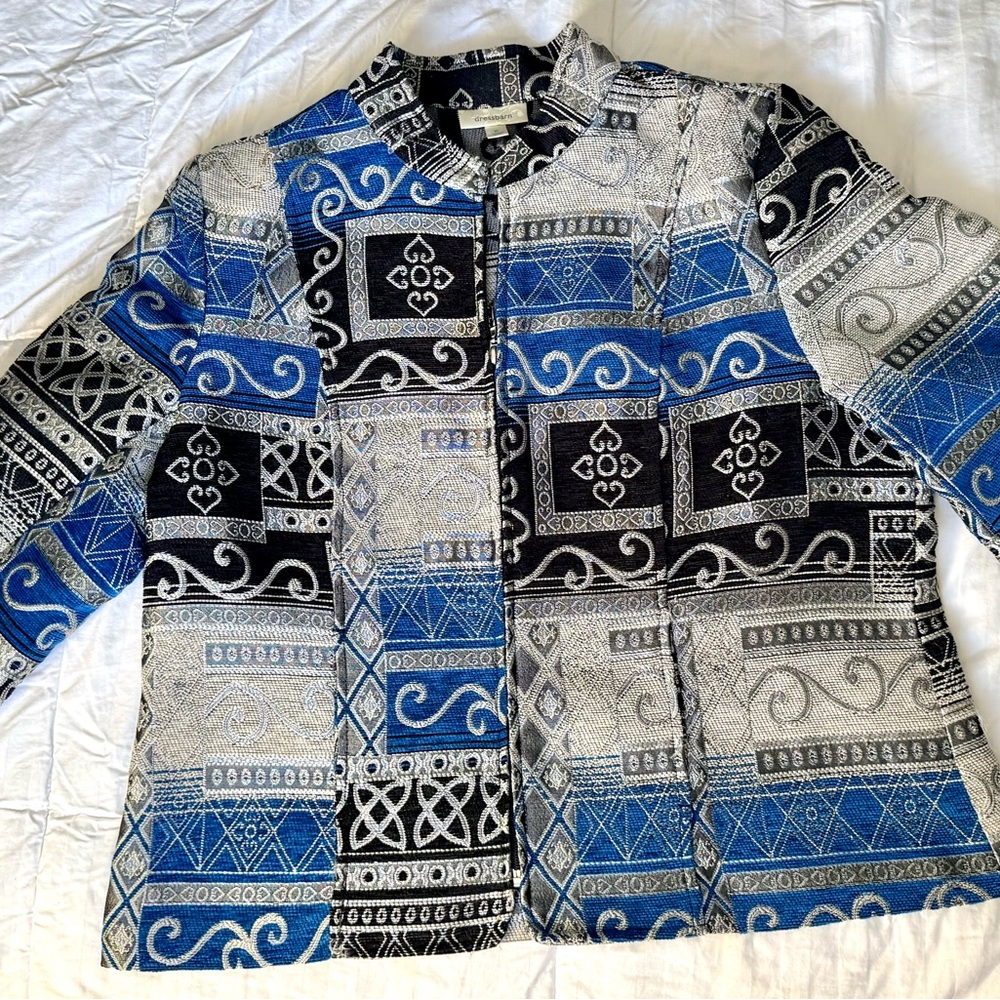 Dress Barn Vintage Silver and Blue Brocade Jacket, XL